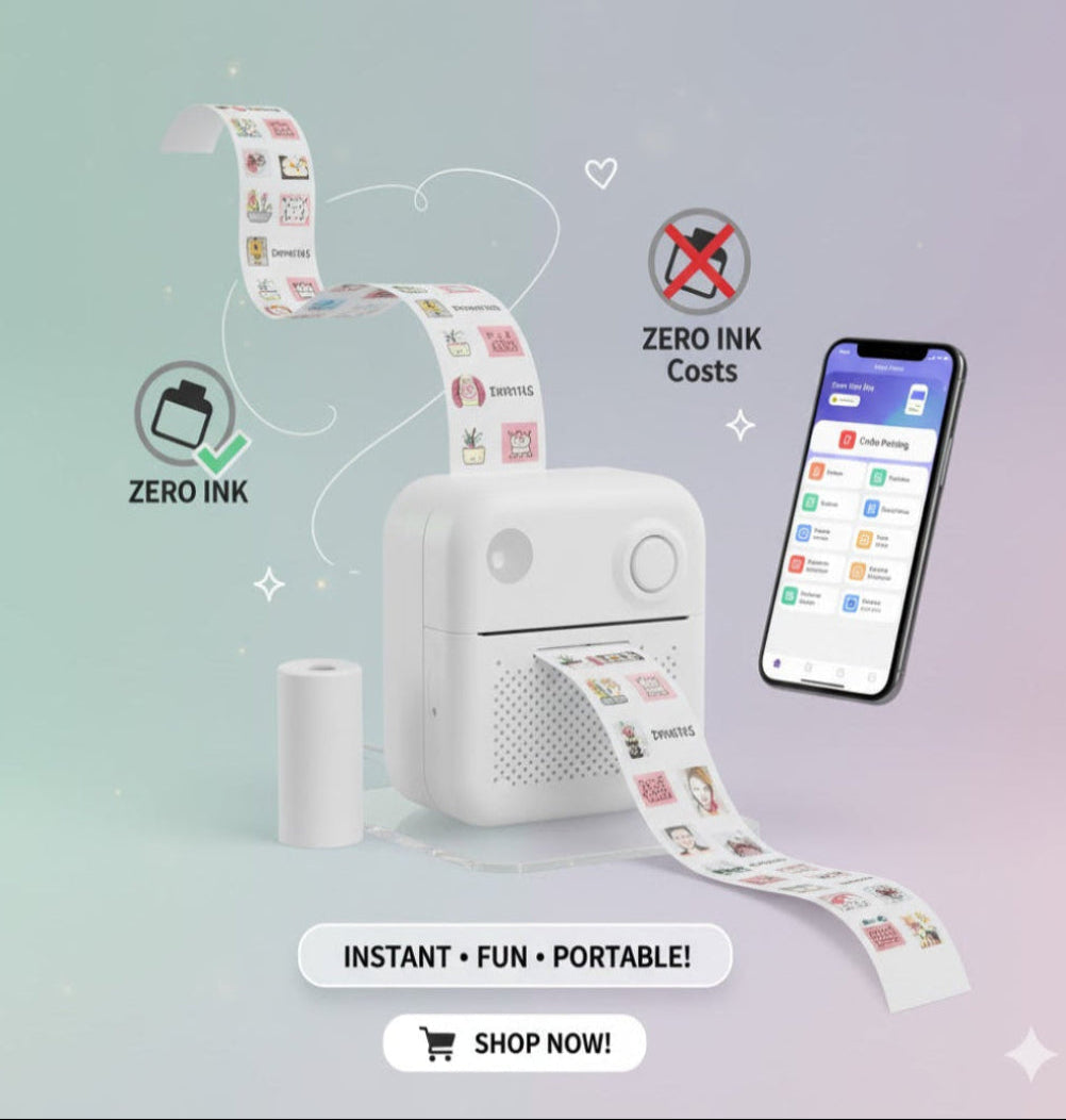 Portable printer with roll of paper and smartphone displaying app on a light background